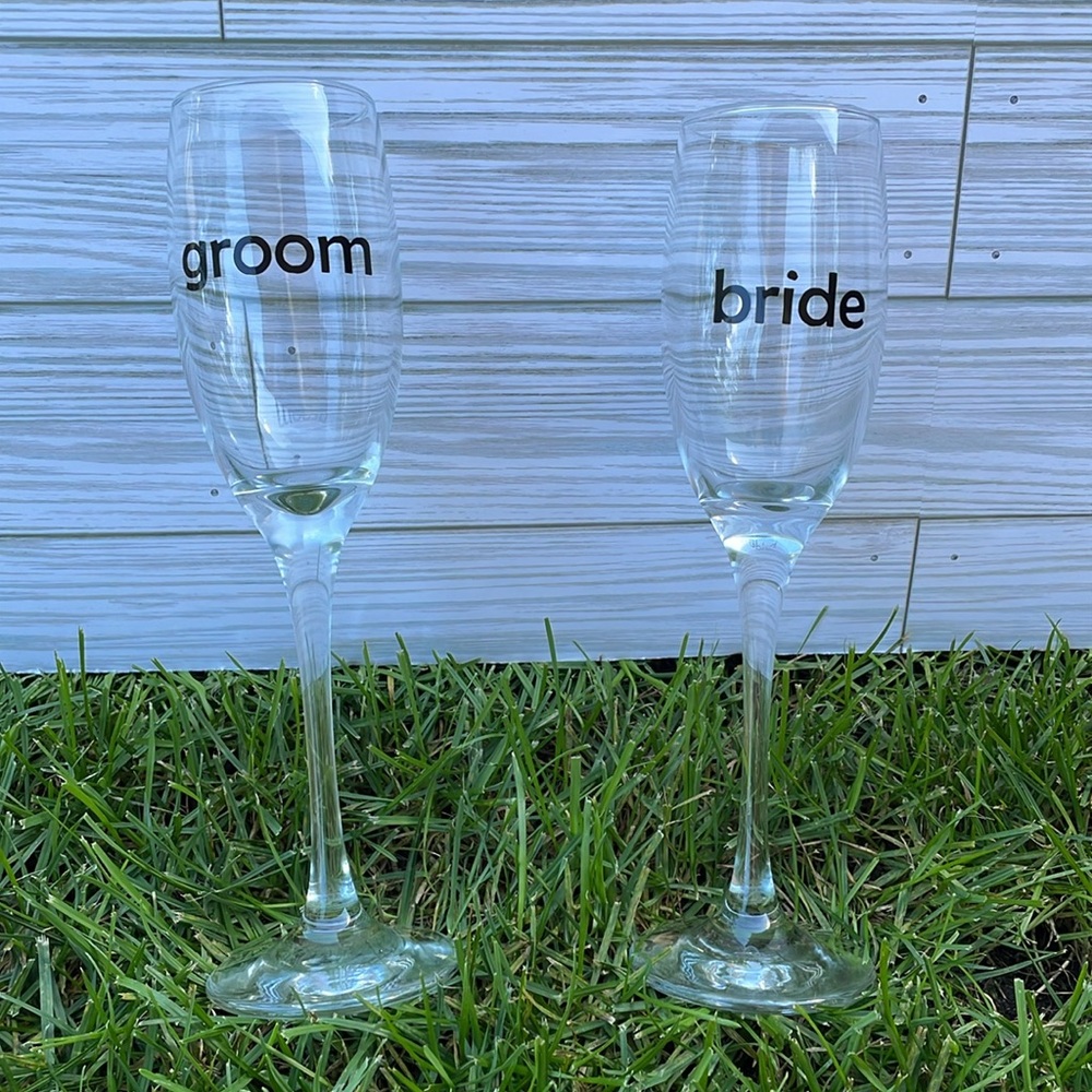 New, Handcrafted Bride & Groom Champagne/Wine Glasses - cheers